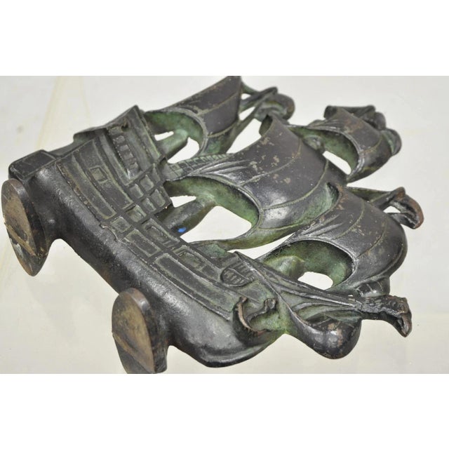 Victorian Antique Victorian 1930 Creation Co Cast Iron Figural Painted Ship Boat Door Stop For Sale - Image 3 of 11
