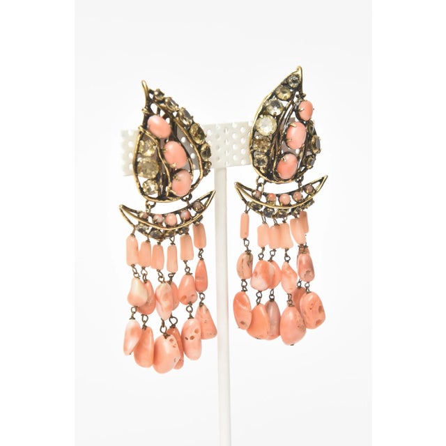 Vintage Iradj Moini Angel Coral, Citrine & Rhinestone Dangle Clip on Earrings - 2 Pieces For Sale - Image 11 of 12