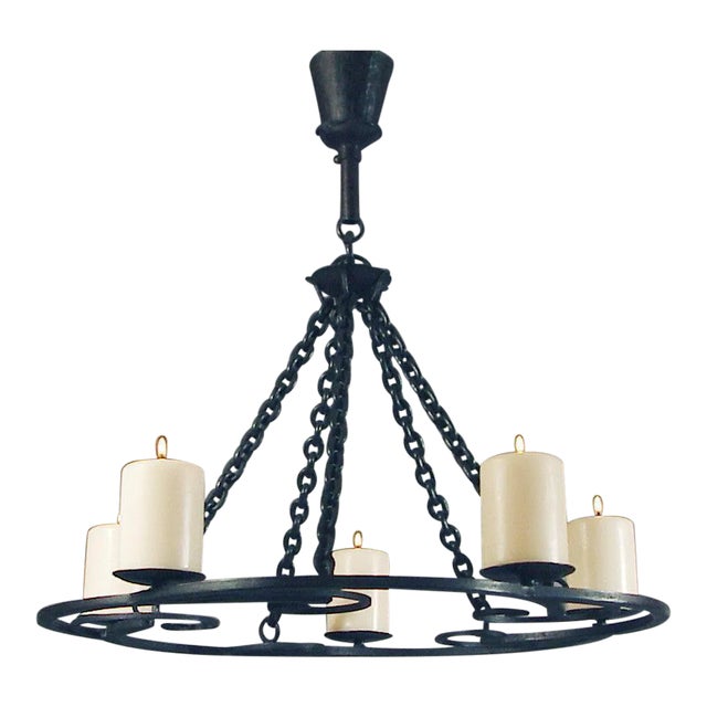 1920s Wrought Iron Art Deco Chandelier With Beeswax Candles For Sale
