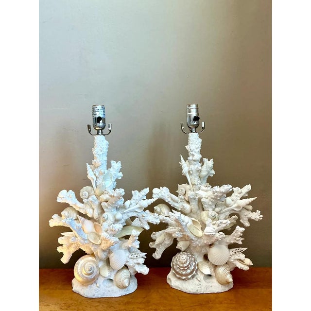 Off-white Vintage Shell and Plaster Faux Coral Table Lamps - Pair For Sale - Image 8 of 12