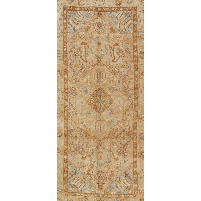 Vintage Turkish Gallery Runner in Goldish Tone, L. Blue, Brown and Warm Colors For Sale - Image 4 of 11