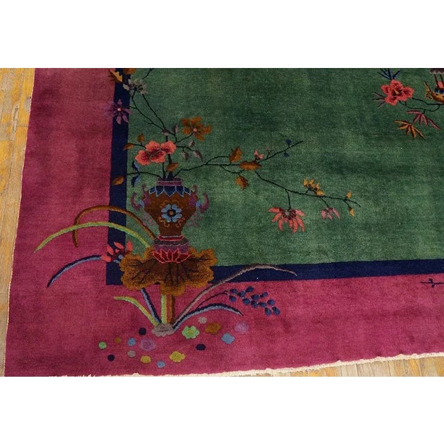 Forest Green 1920s Green Floral Vase Antique Chinese Art Deco Rug 8'0" X 9'4" Handknotted Wool Carpet For Sale - Image 8 of 9