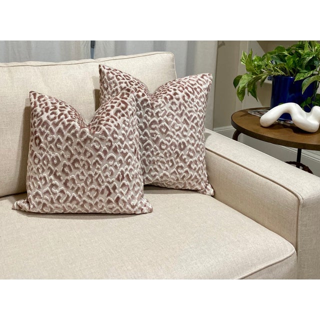 Contemporary Blush Leopard Print Velvet Throw Pillow With Feather Down Insert For Sale - Image 3 of 6