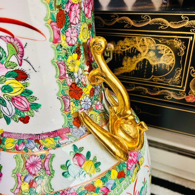 Tall Floor Rose Medallion Porcelain Chinoiserie Vase 36", Scroll Handles For Sale - Image 4 of 11