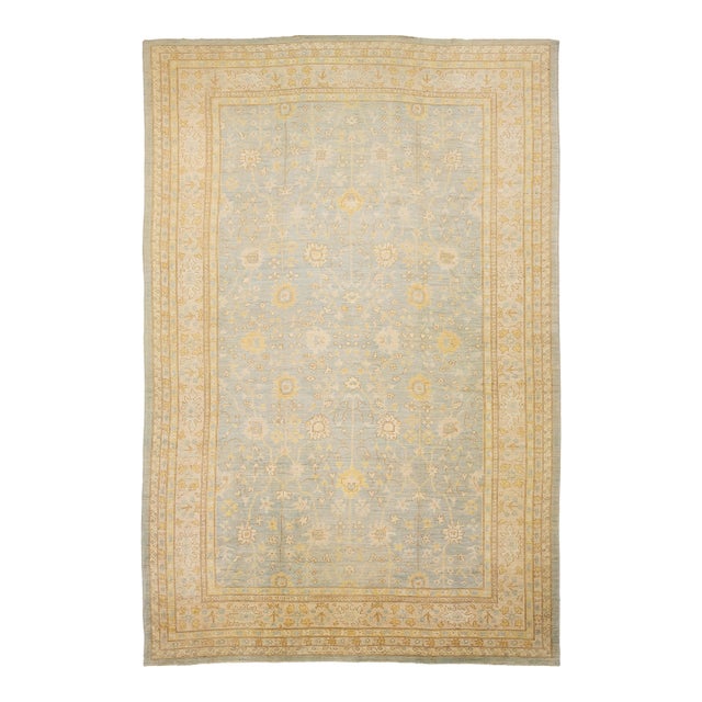 15x23 Modern Transitional Oushak Style Light Blue & Goldenrod Hand-Knotted Wool For Sale