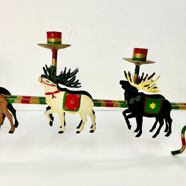 Metal 1970s Vintage Hollywood Regency Boho Chic Italian Santa & Reindeer Sleigh Tole Candle Holder, Monumental Christmas For Sale - Image 7 of 7