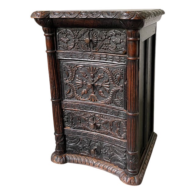 Antique Carved Blackened Pine Chest of Drawers For Sale
