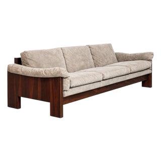1960s Milo Baughman Rosewood and Smoky Grey Brown Suede Three-Seater Sofa For Sale