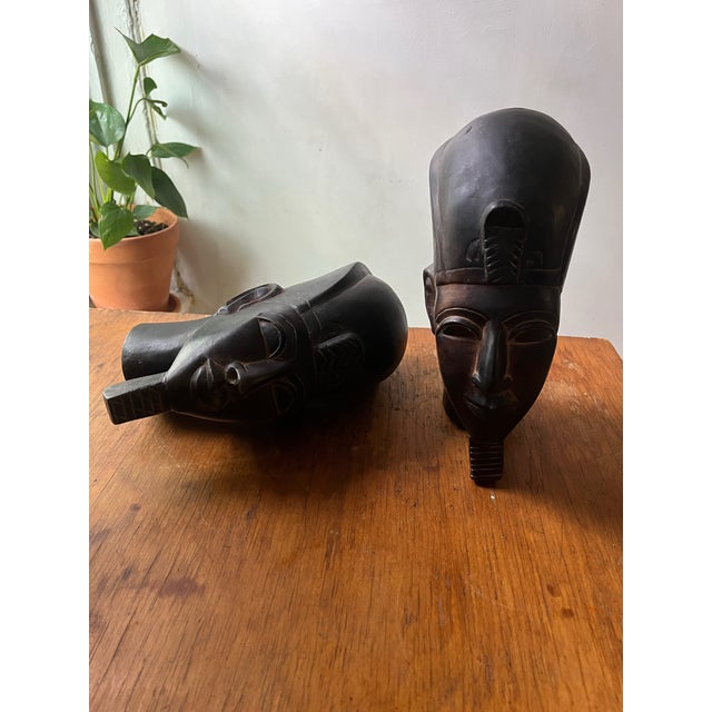 Art Deco Beautiful Vintage Egyptian Busts Handcarved Stone Bookends Pair For Sale - Image 3 of 12