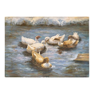 Vintage 1980s Impressionistic Duck Pond Oil Painting on Canvas – Signed "Francis" For Sale