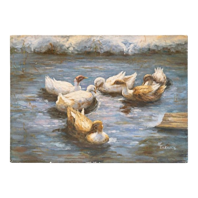 Vintage 1980s Impressionistic Duck Pond Oil Painting on Canvas – Signed "Francis" For Sale