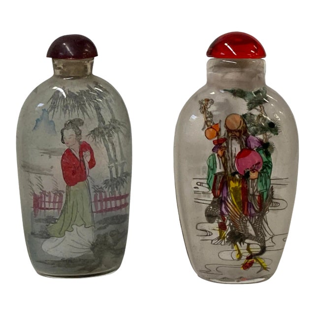 2 X Chinese Glass Snuff Bottle Longevity Court Ladies Graphic For Sale