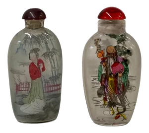 2 X Chinese Glass Snuff Bottle Longevity Court Ladies Graphic