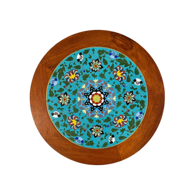 Mid-20th Century Chinese Rosewood Tables With Inset Cloisonné Tops- A Pair For Sale - Image 4 of 7