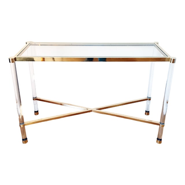 Console in Acrylic Glass and Gold Metal, 1980s For Sale