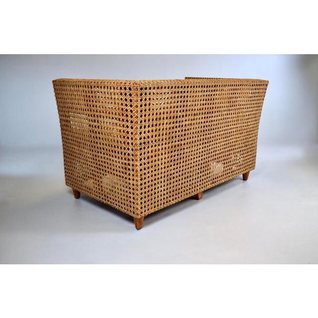 Modern Caned Teak Rattan Loveseat in Blue and White Sunbrella Fabric For Sale - Image 9 of 15