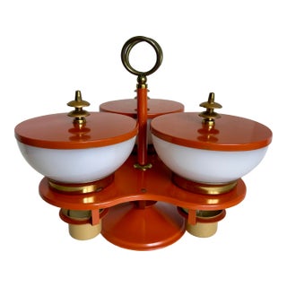 Mid-Century Modern Space Age Rotating Condiment Server With Fire-King Milk Glass Bowls For Sale
