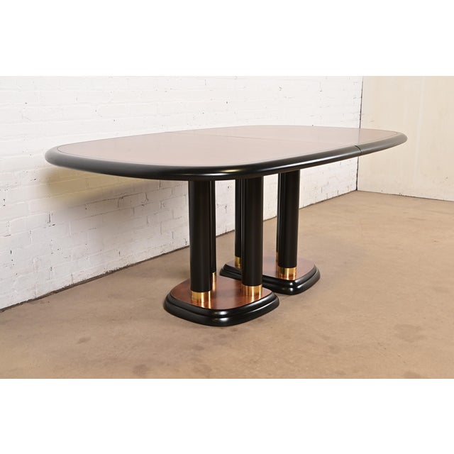 Drexel Heritage Modern Art Deco Walnut and Black Lacquered Double Pedestal Extension Dining Table, Newly Refinished For Sale - Image 9 of 14