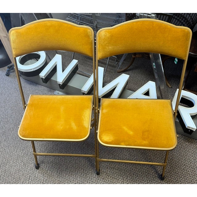 Mid-Century Modern Pair of Vintage Gold Velvet Folding Bridge Chairs For Sale - Image 3 of 9