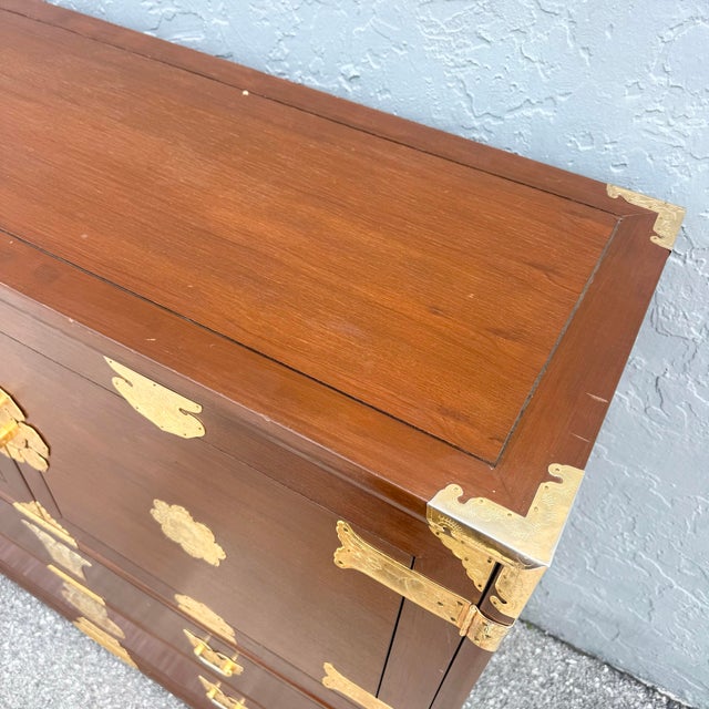 Vintage Chinese Wooden Highboy Armoire With Gold Accents For Sale - Image 9 of 10