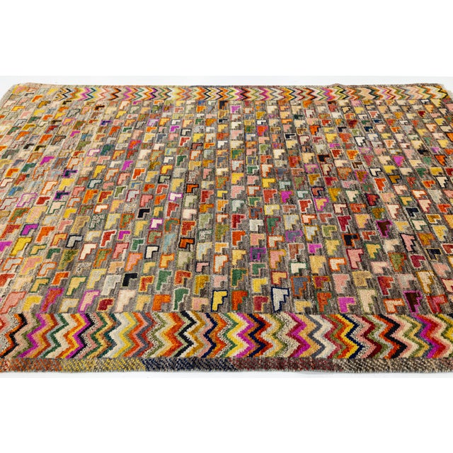 Contemporary Hand-Knotted Baluch Style Rug Vibrant L-Shaped Motif Geometric Wool For Sale - Image 11 of 11