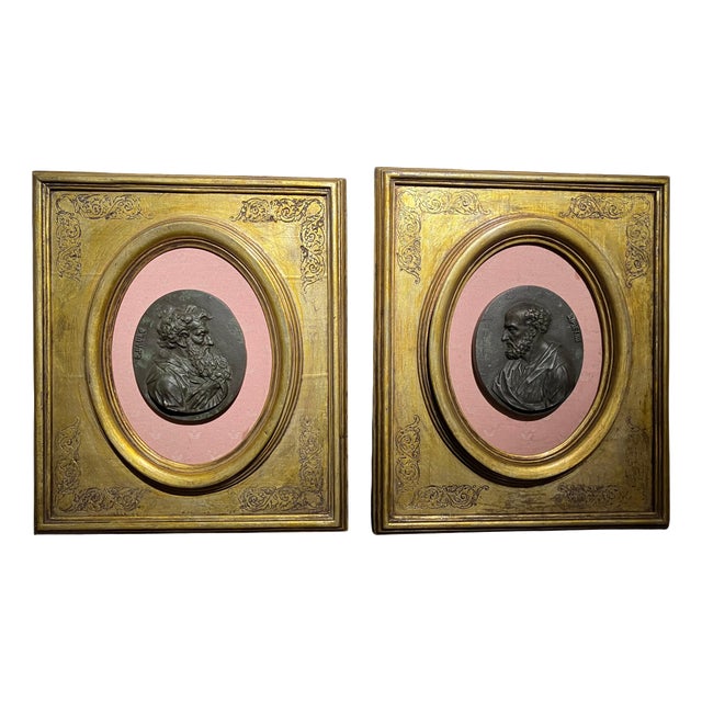 Gesso Medallions of Saints Peter and Paul in Gilded Oval Frames with Silk Panels, 1890s For Sale