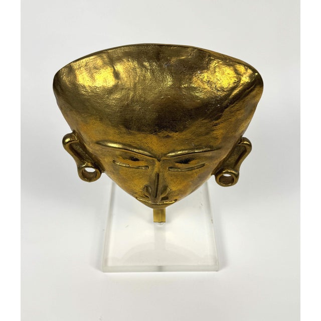 Late 20th Century Solid Brass Aztec Style Mask Sculpture on a Lucite Base For Sale - Image 10 of 10