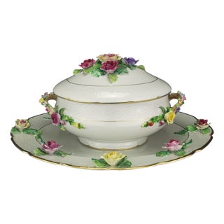 Vintage Tureen and Tray in Porcelain with Applied Flowers by Raynaud, 1960s For Sale