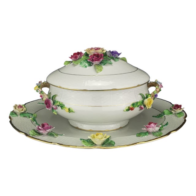 Vintage Tureen and Tray in Porcelain with Applied Flowers by Raynaud, 1960s For Sale