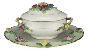 Vintage Tureen and Tray in Porcelain with Applied Flowers by Raynaud, 1960s