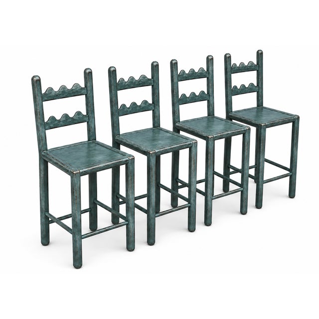 Set of 4 Country French Counter Stools With Custom Antique French Blue Finish For Sale - Image 4 of 5