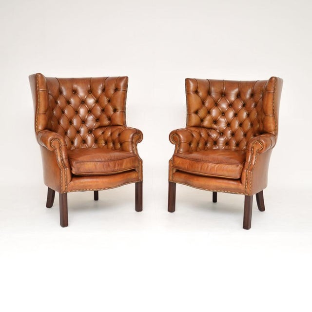 Brown Antique Leather Barrel Back Wing Armchairs, 1920s, Set of 2 For Sale - Image 8 of 8