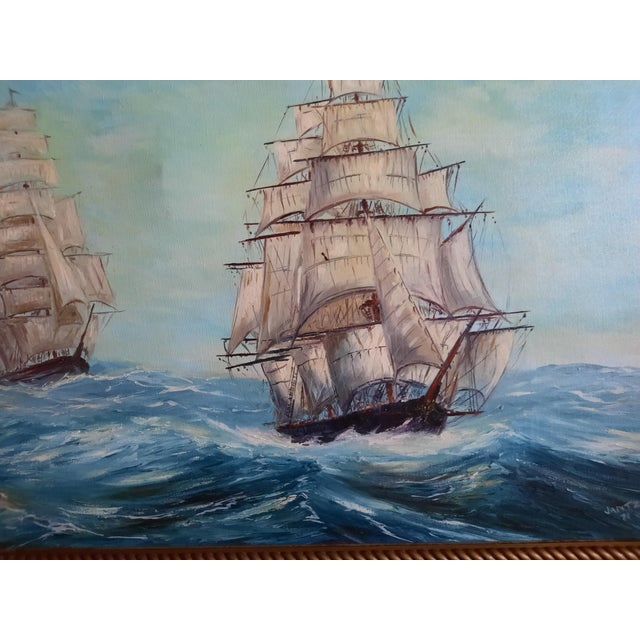 An original mid-century oil painting on canvas by artist Jantz, dated 1971. This dynamic nautical scene captures two...