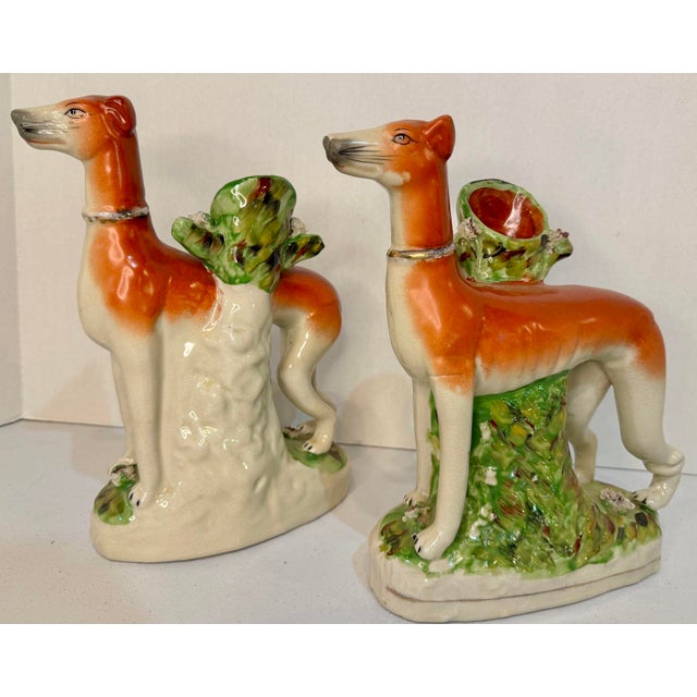 Ceramic Pair 19th Century Staffordshire Greyhound/ Whippet Dog Spill Vase Figurines For Sale - Image 7 of 11