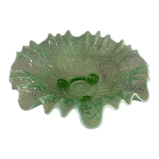 Antique Northwood Daisy Pearl Green Opalescent Vaseline Ruffled Bowl For Sale