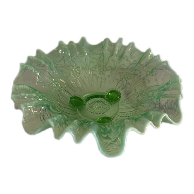 Antique Northwood Daisy Pearl Green Opalescent Vaseline Ruffled Bowl For Sale