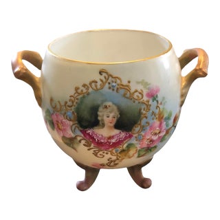 Antique 1800s D & C France Limoges Porcelain Small Footed Two-Handle Portrait & Butterfly Bowl For Sale