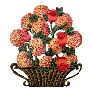 French Tole-Painted Floral Dummy Board – Basket of Tulips & Hydrangeas, 20th C.