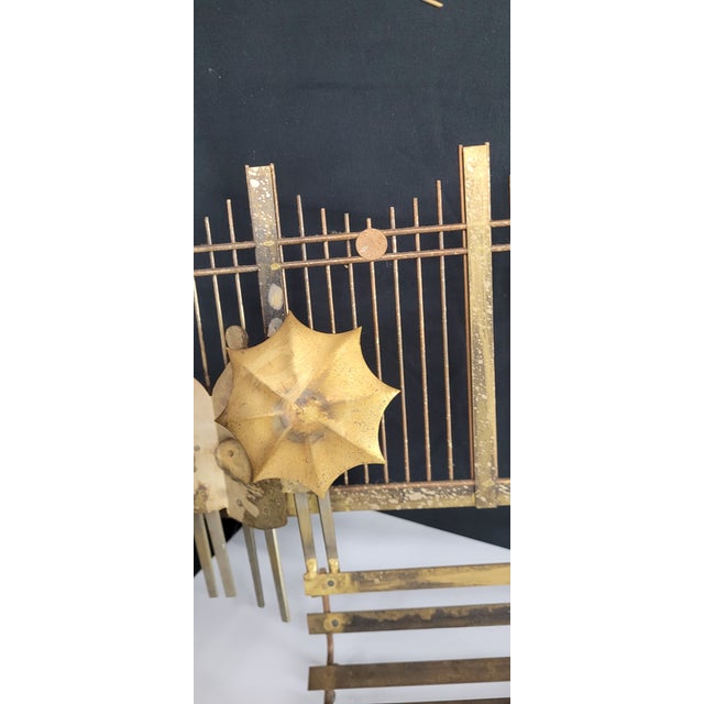 Metal 1970s Brutalist Brass Wall Sculpture — Rainy Day Bus Stop Scene, Tree & Umbrella Figures, Jere Style For Sale - Image 7 of 11