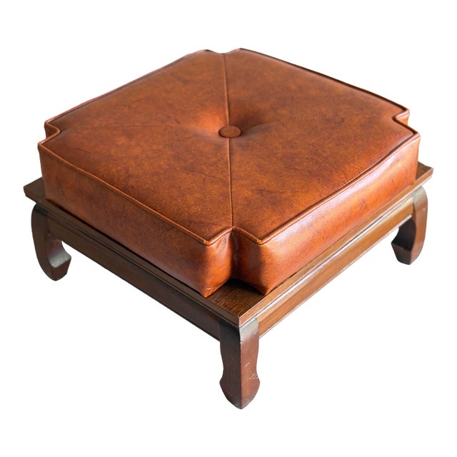 1960s Ricardo Lynn Mid-Century Modern Leather Ottoman Stool With Carved Wood Base For Sale