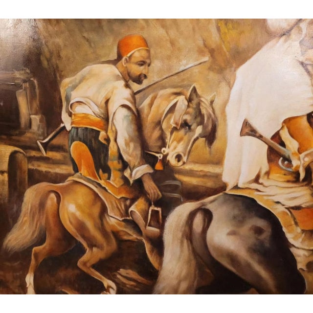 Wood Signed Orientalist Oil Painting – Arabian Horsemen in the Desert Landscape, Mid-20th Century. For Sale - Image 7 of 10