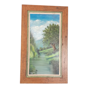 "Down by the River" Landscape Oil Painting Signed E.Walker, Framed