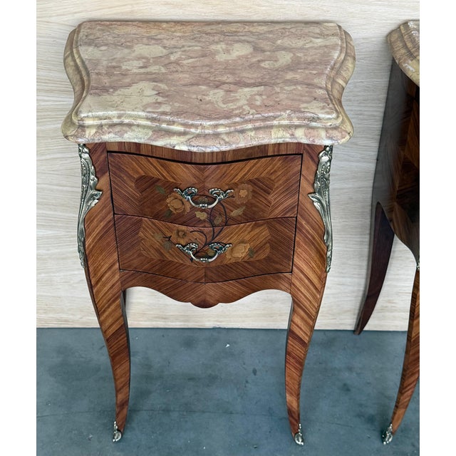 Pair Antique French Louis XV Marquetry Marble Top Nightstands with Two Drawers For Sale - Image 10 of 18