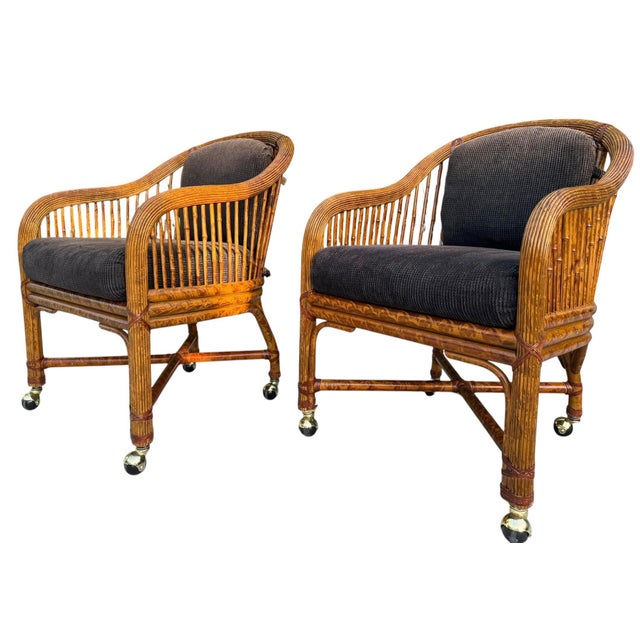 English Vintage Burnt Bamboo Rattan & Cane Lounge Chairs on Casters, a Pair For Sale - Image 3 of 12