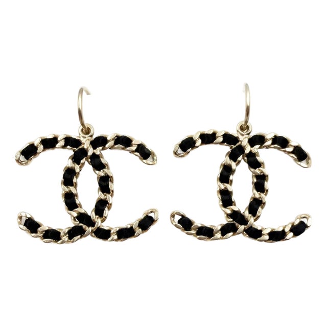 Chanel Gold CC Chain Black Ribbon XL Hoop Earrings, A Pair For Sale