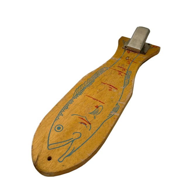 Red Vintage Wooden Fish Filleting Board With Metal Clamp – Nautical Folk Art For Sale - Image 8 of 8