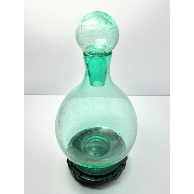 Contemporary Contemporary Hand Blown Glass Bubbles Mint Forest Green Decanter & Stand For Sale - Image 3 of 12