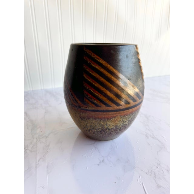 Signed Studio Pottery Vase – Handcrafted Brown Geometric Ceramic Art For Sale - Image 4 of 8