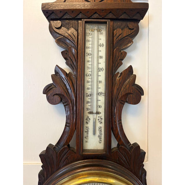 Antique Carved Oak Aneroid Barometer with Thermometer, 1890 For Sale - Image 9 of 11
