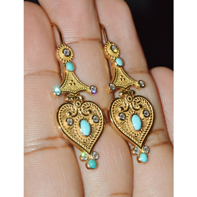 Metal Gorgeous Natural Diamond Turquoise 18k Solid Gold Byzantine Beaded Greek Dangle Earrings, A Pair For Sale - Image 7 of 11